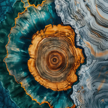 Close-up of a tree stump with concentric rings on a textured blue and orange background