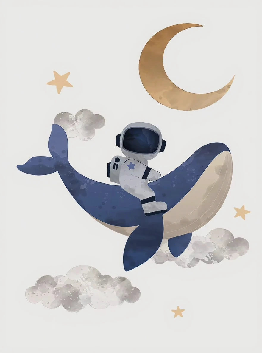 Illustration of an astronaut on a whale with celestial elements like a moon and stars.