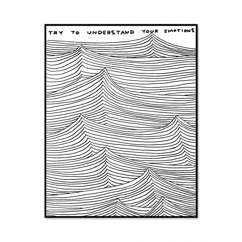 Black and white abstract line art with text 'Try to understand your emotions' on a white background