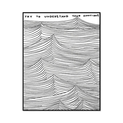Black and white abstract line art with text 'Try to understand your emotions' on a white background