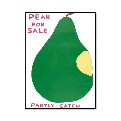 Illustration of a green pear with a yellow spot and text 'Pear for Sale Partly-Eaten' on a white background.