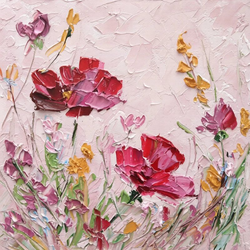 Artistic depiction of flowers with a textured pink background