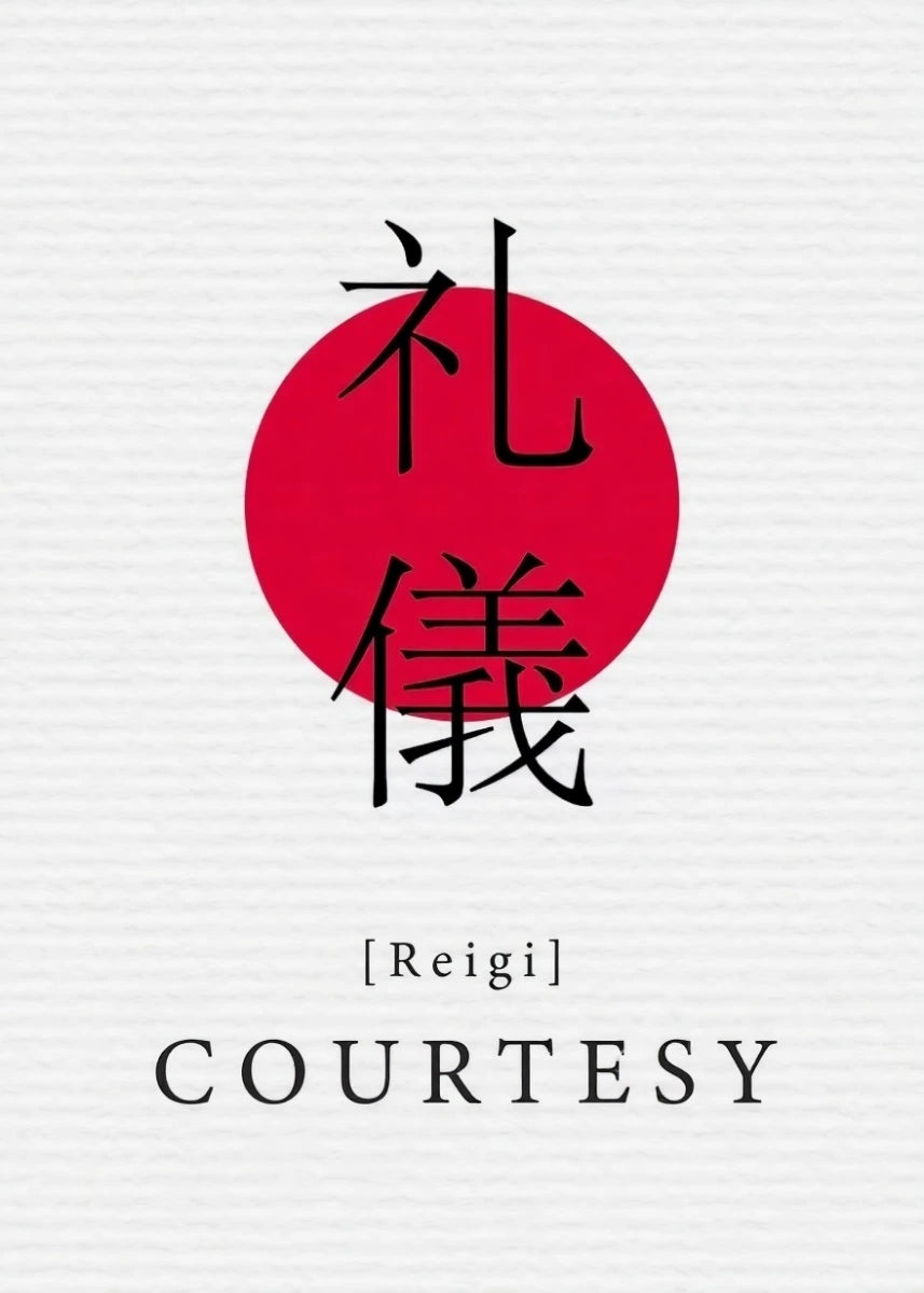 Design with Japanese characters and the word 'COURTESY' on a white background