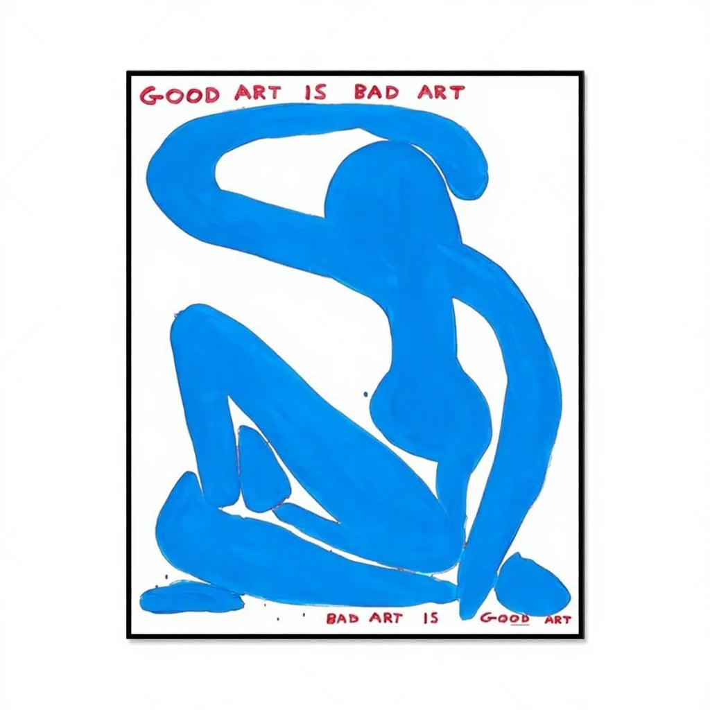 Blue abstract figures with 'Good Art is Bad Art' text on a white background