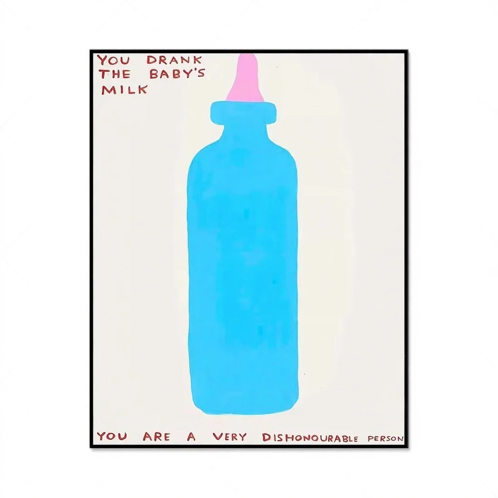Blue baby bottle with pink cap on a white background, text around it.