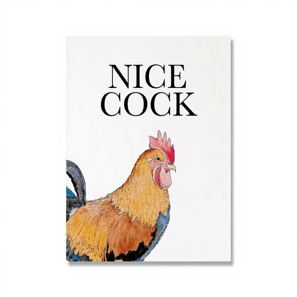 Card with a rooster illustration and 'Nice Cock' text on a white background