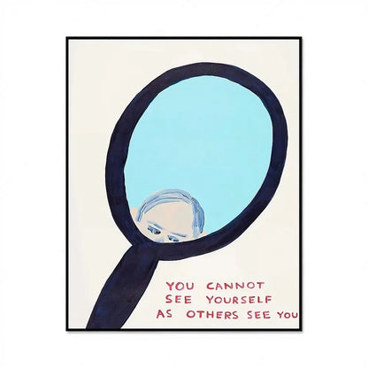 Artistic depiction of a person looking through a magnifying glass with text on a white background