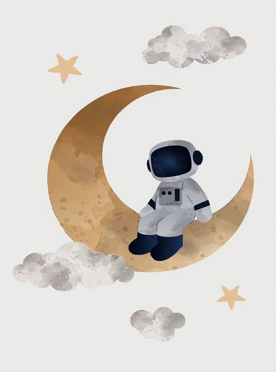 Illustration of an astronaut sitting on a gold crescent moon with stars and clouds in the background.