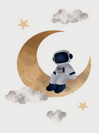 Illustration of an astronaut sitting on a gold crescent moon with stars and clouds in the background.