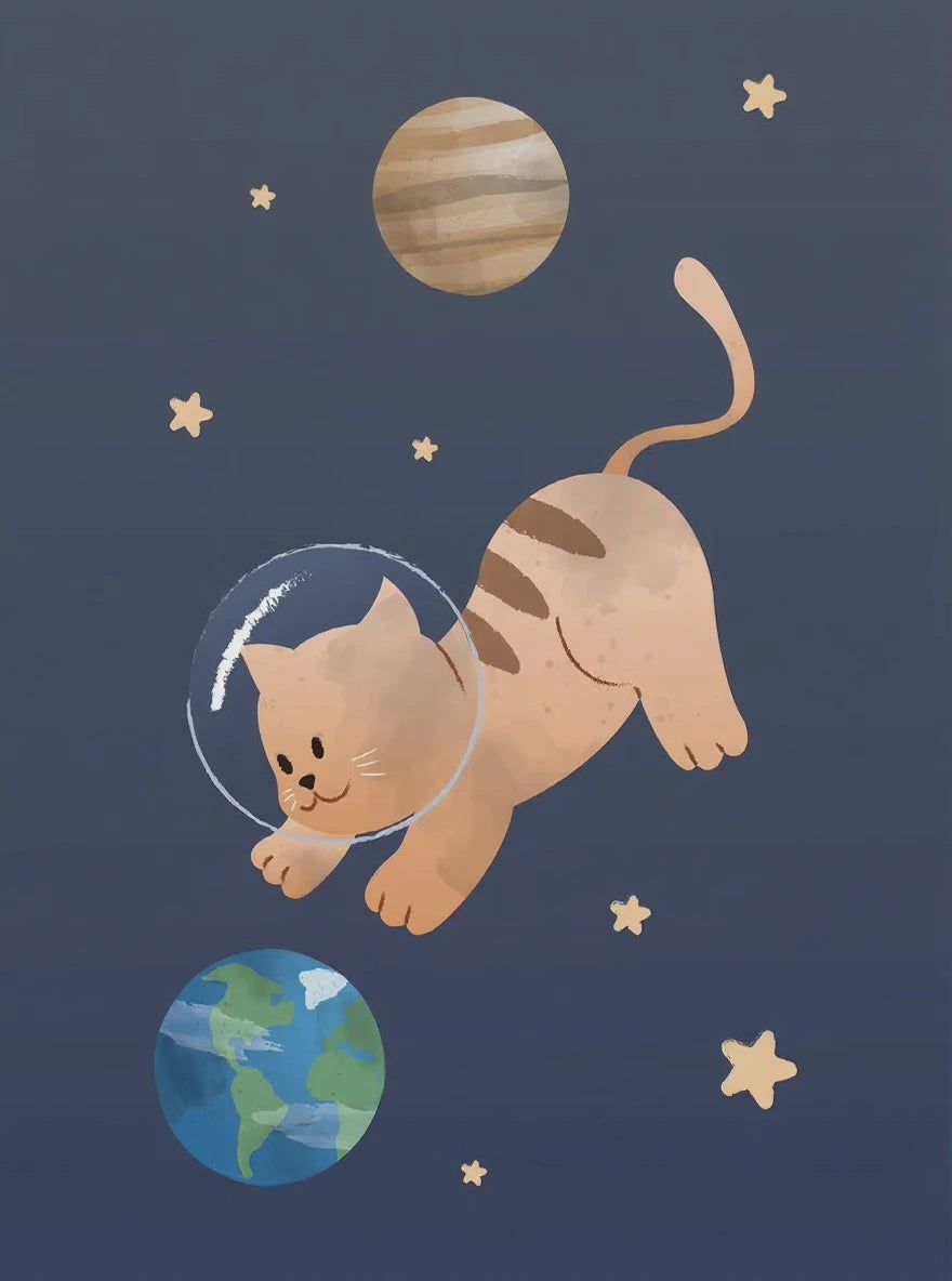 Illustration of a cat in an astronaut suit floating in space with planets and stars.