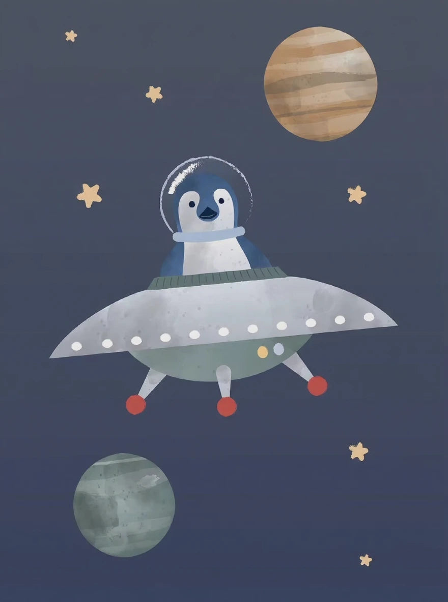 Illustration of a penguin in an astronaut suit on a UFO with planets and stars in the background.