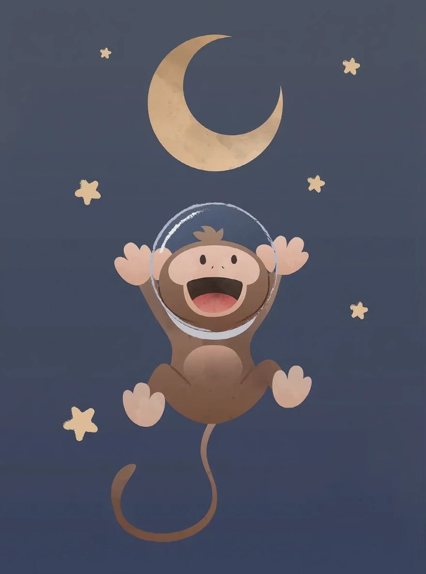 Cartoon monkey in an astronaut suit with a crescent moon and stars on a dark blue background