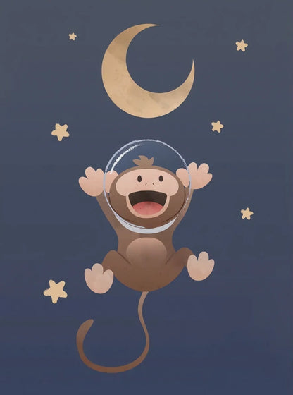 Cartoon monkey in an astronaut suit with a crescent moon and stars on a dark blue background