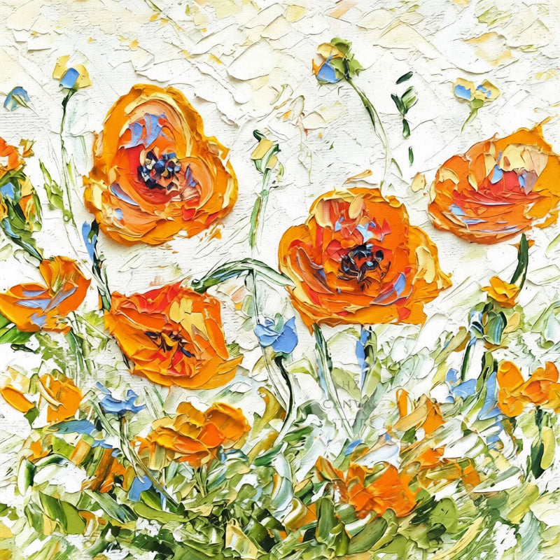 Artistic depiction of orange flowers with green stems on a textured white background