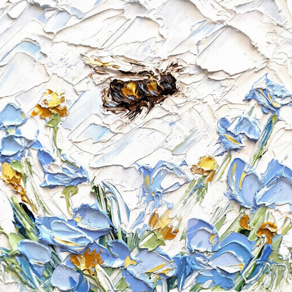 Artistic depiction of a bee among blue and yellow flowers on textured white background