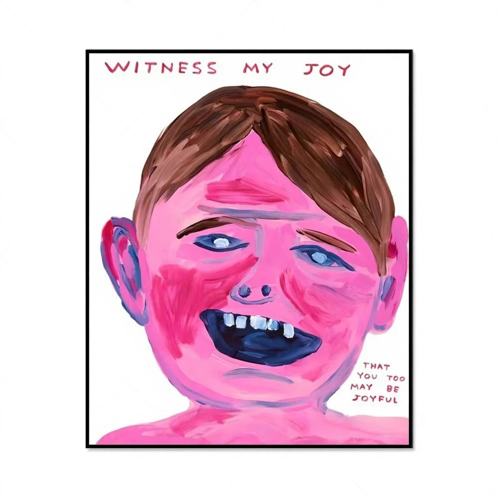 Artistic depiction of a face with pink skin and blue lips, text 'Witness my joy' above and 'that you too may be joyful' below.