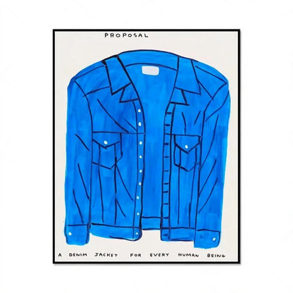Blue denim jacket illustration with text on a white background