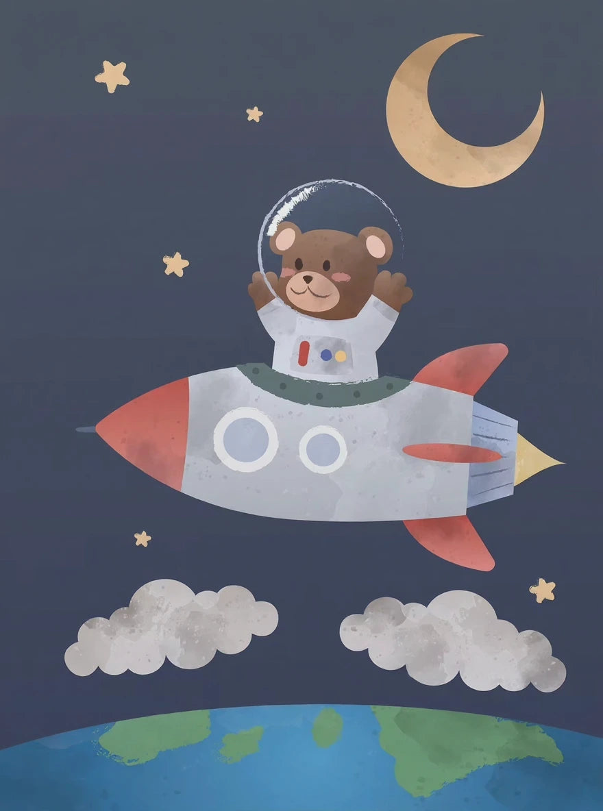 Illustration of a teddy bear astronaut on a rocket ship with stars and moon in the background.