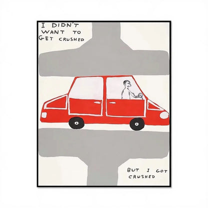 Cartoon of a red car being crushed by a gray object with text above and below.