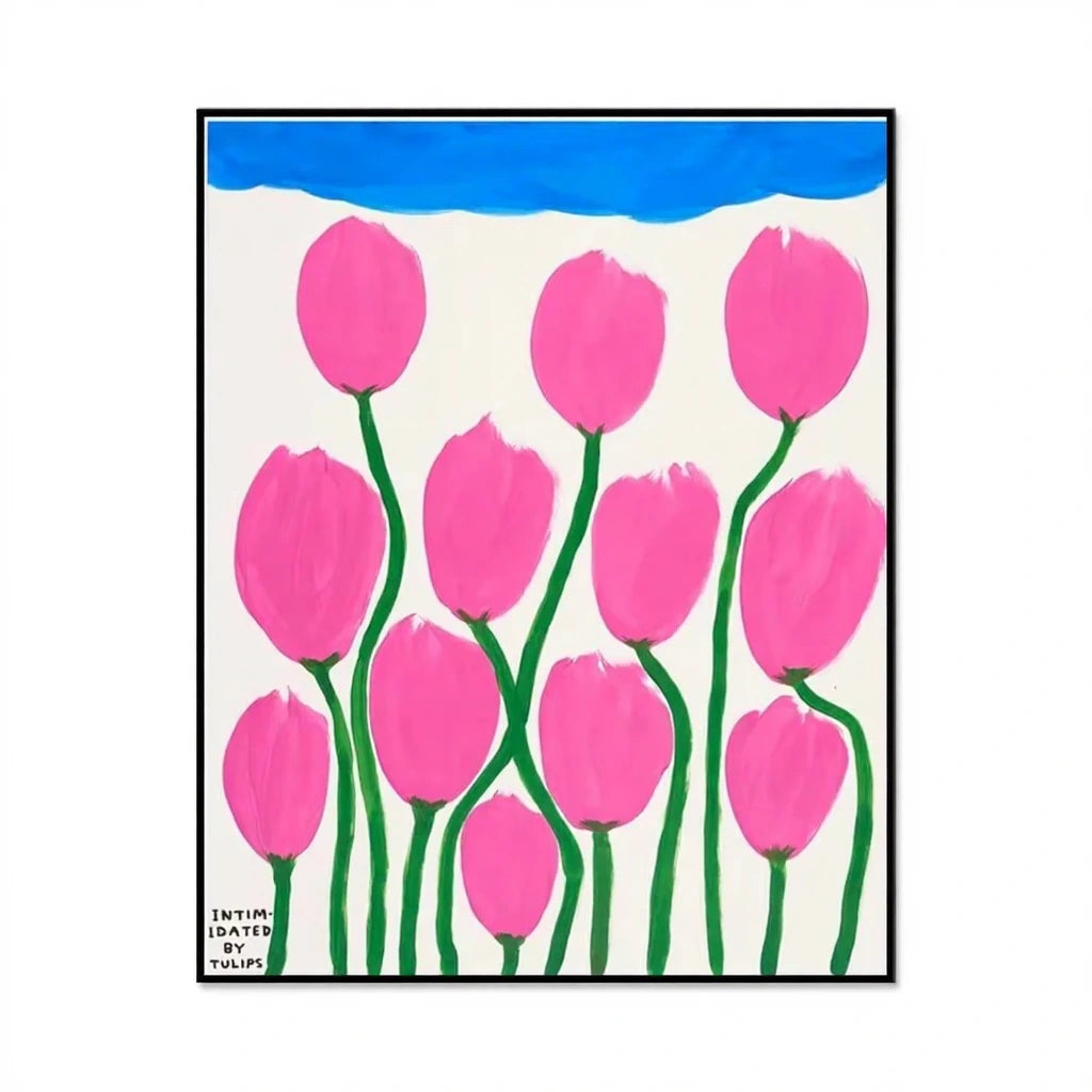 Framed artwork of pink tulips on a white background with blue sky at the top