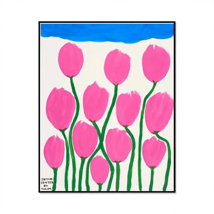 Framed artwork of pink tulips on a white background with blue sky at the top
