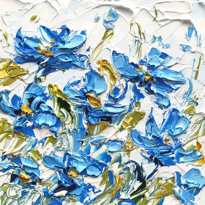 Abstract art with blue and gold flowers on a white background