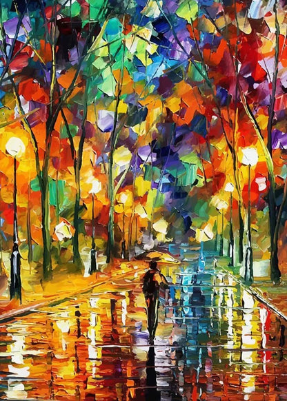 Colorful abstract painting of a person walking in a park with trees and lights.