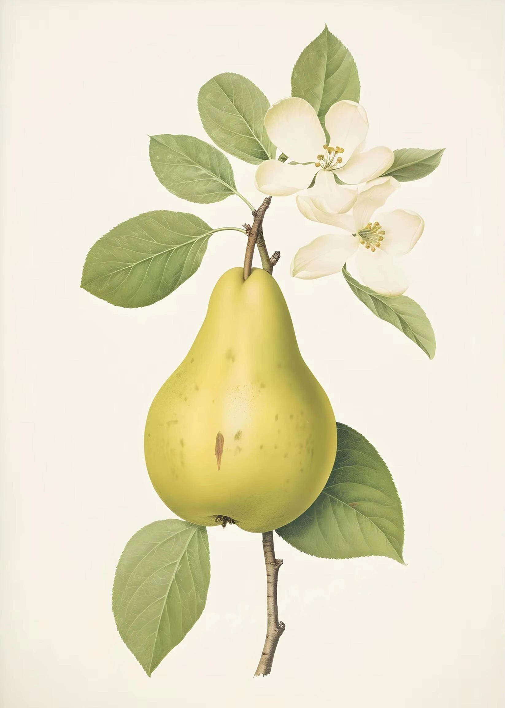 Illustration of a green pear with leaves and flowers on a beige background
