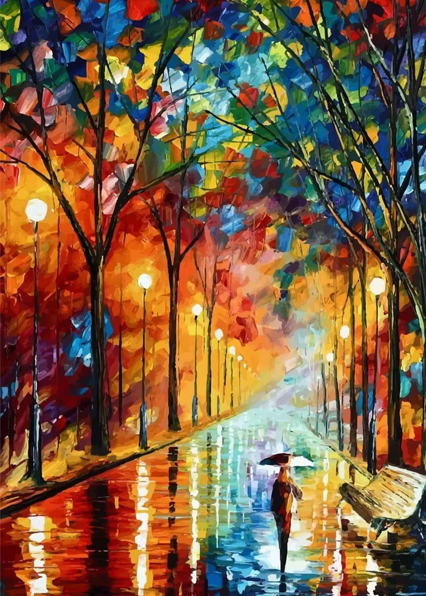 Colorful painting of a street scene with trees, lights, and a person with an umbrella.