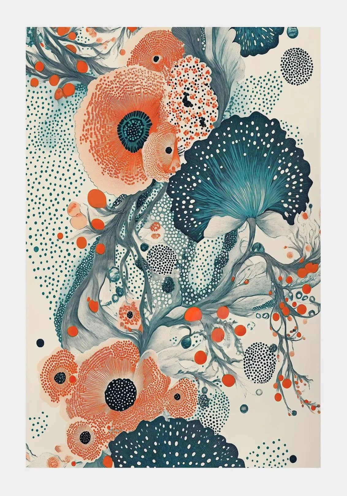 Colorful floral design with orange and blue flowers on a beige background