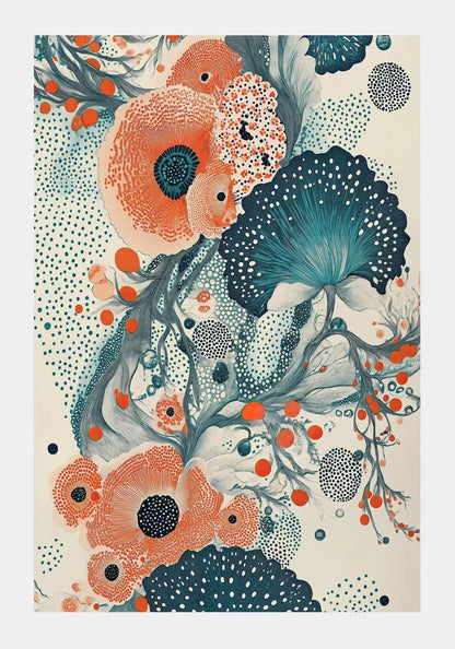 Colorful floral design with orange and blue flowers on a beige background