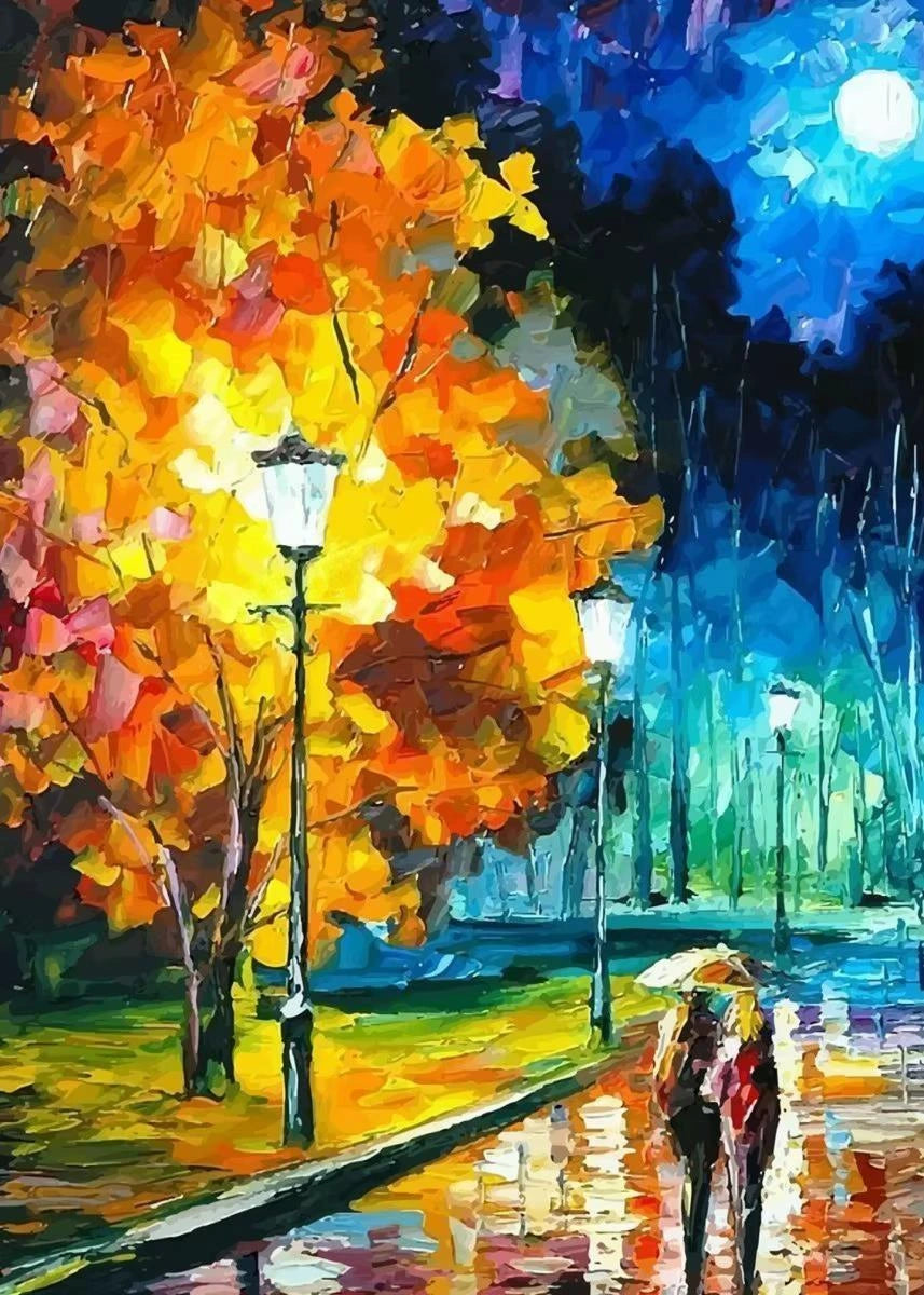 Colorful painting of a street scene with autumn trees, streetlights, and a couple walking under an umbrella.