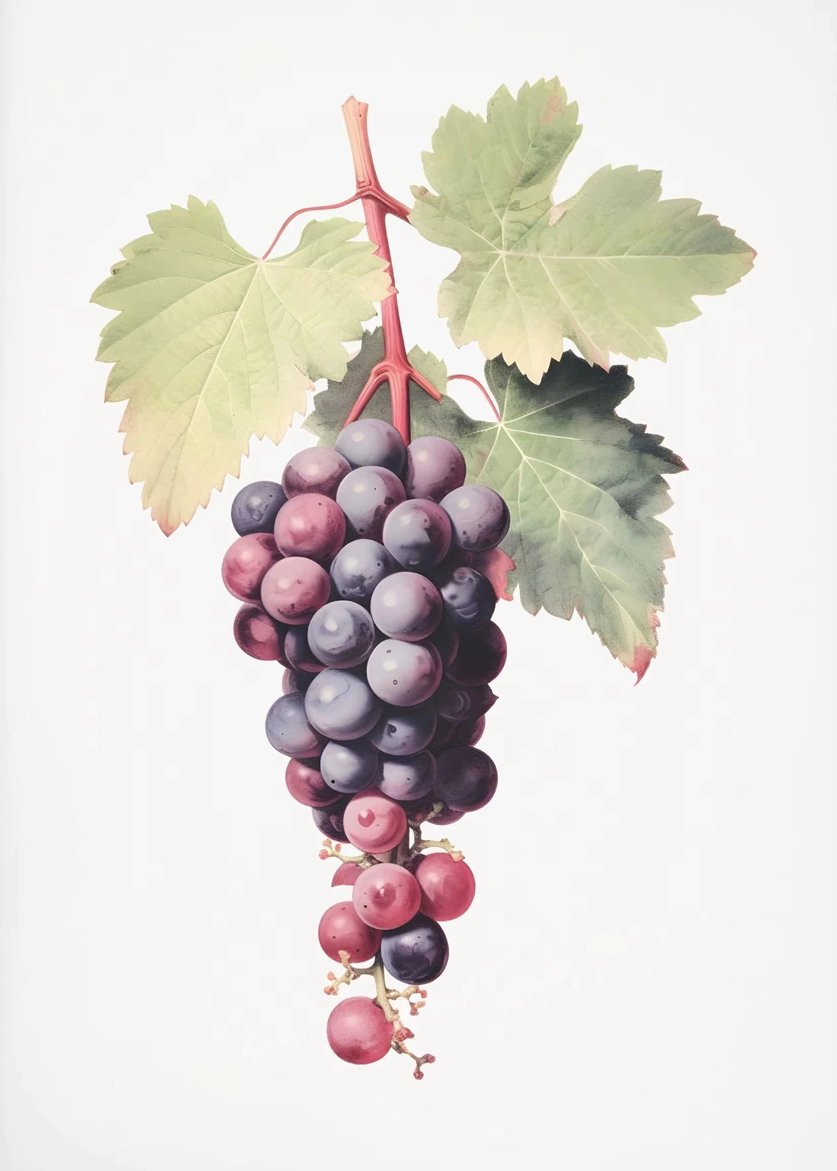 Illustration of a bunch of grapes with leaves on a white background