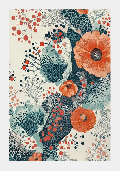 Colorful floral design with orange flowers and blue patterns on a beige background