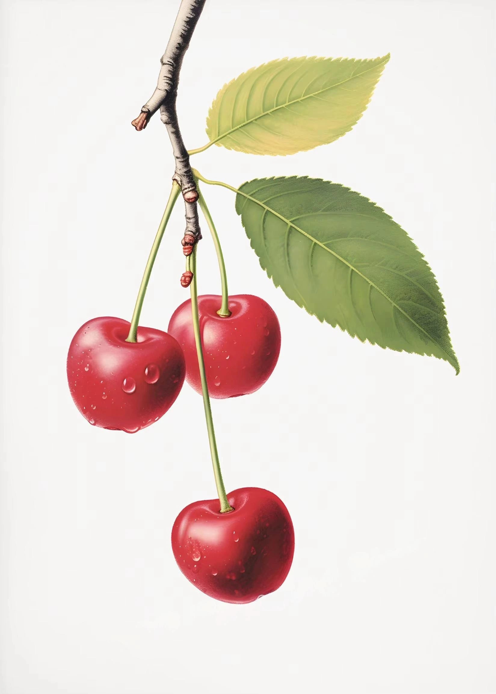 Three red cherries on a branch with green leaves against a white background