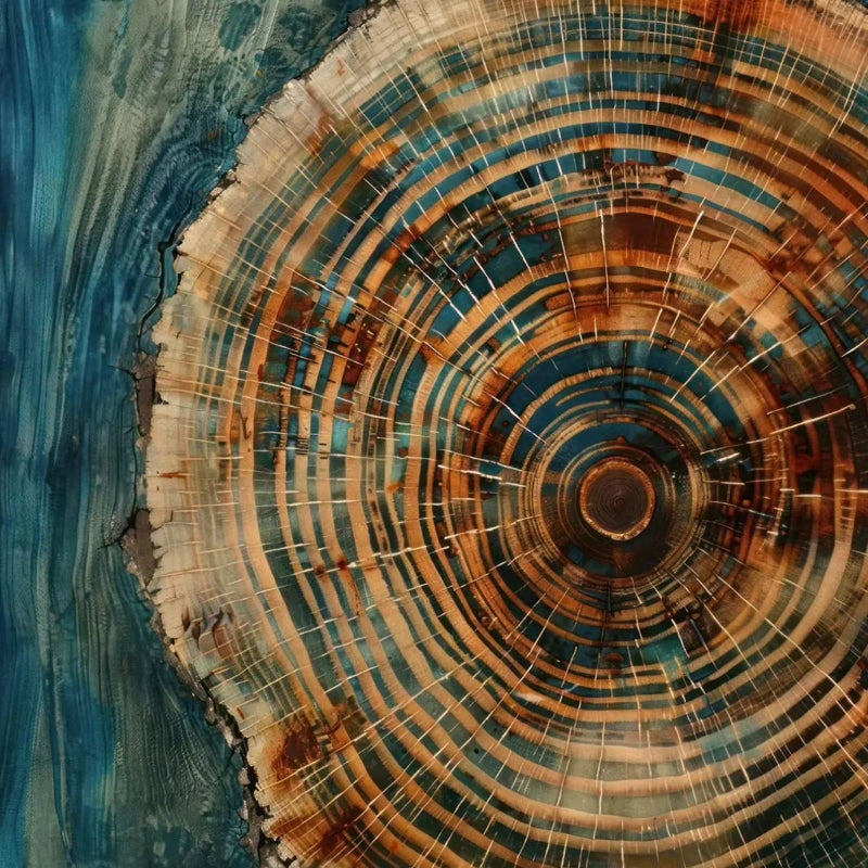Close-up of a tree stump with concentric rings on a blue background