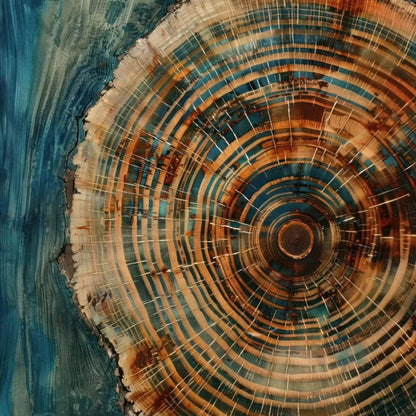 Close-up of a tree stump with concentric rings on a blue background