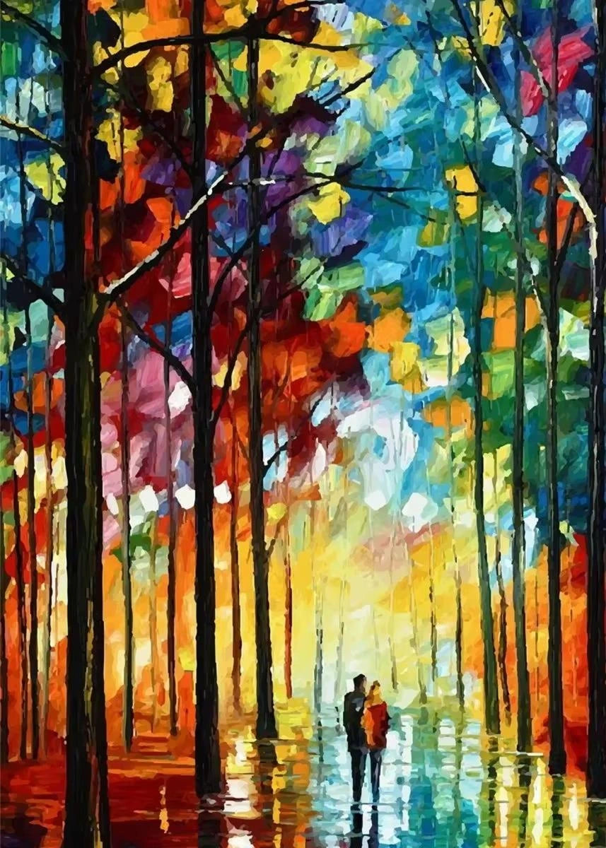 Colorful abstract painting of a forest with two people walking.